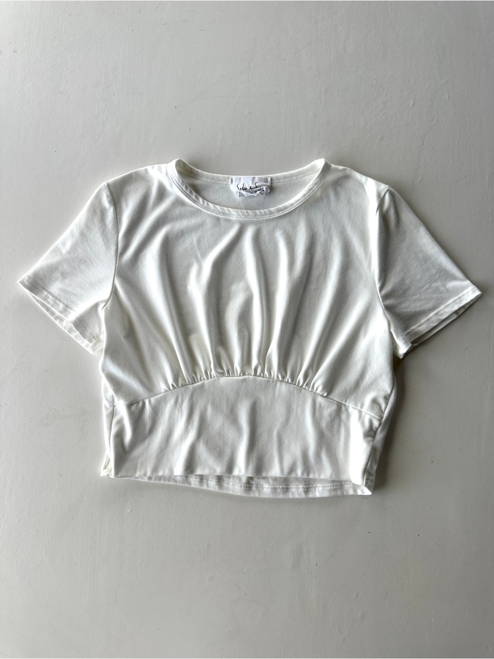 Sadie & Sage White Gathered Short Sleeve Crop Top